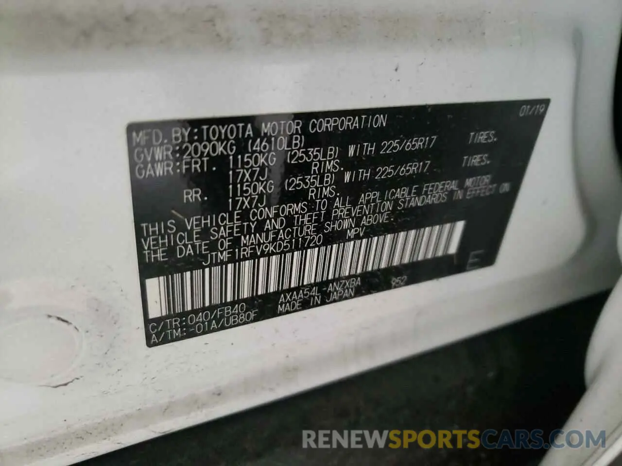10 fotografías del automóvil dañado JTMF1RFV9KD511720 TOYOTA RAV4 2019