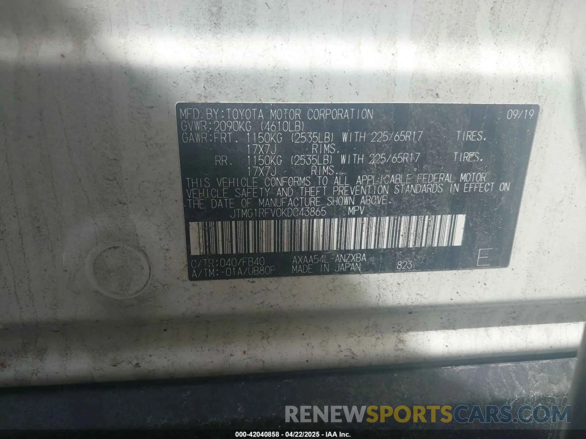 9 fotografías del automóvil dañado JTMG1RFV0KD043865 TOYOTA RAV4 2019