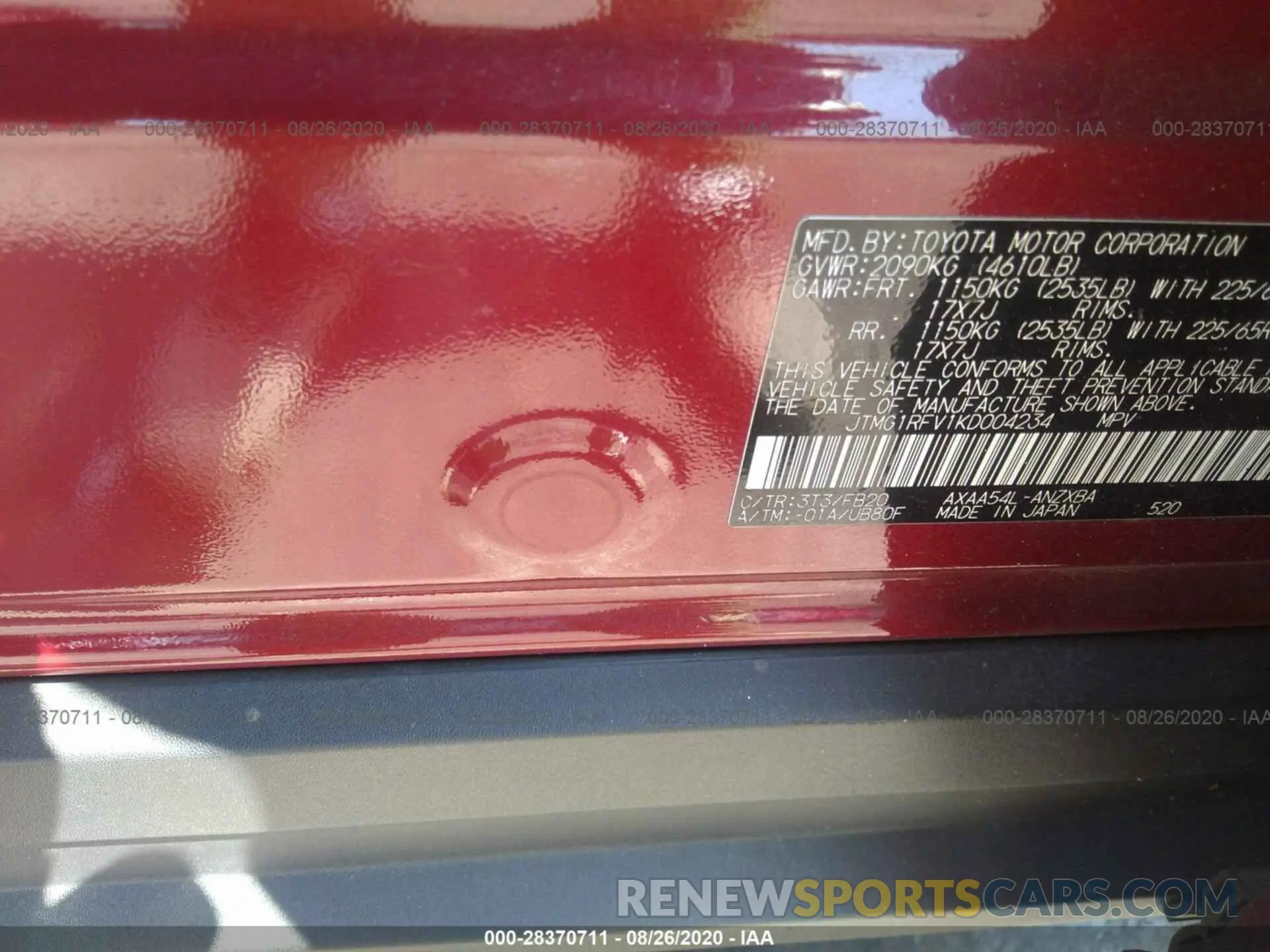 9 fotografías del automóvil dañado JTMG1RFV1KD004234 TOYOTA RAV4 2019