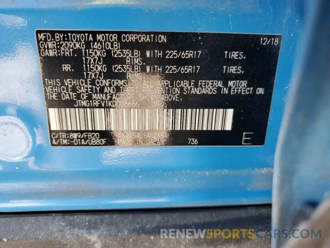 15 fotografías del automóvil dañado JTMG1RFV1KD008686 TOYOTA RAV4 2019