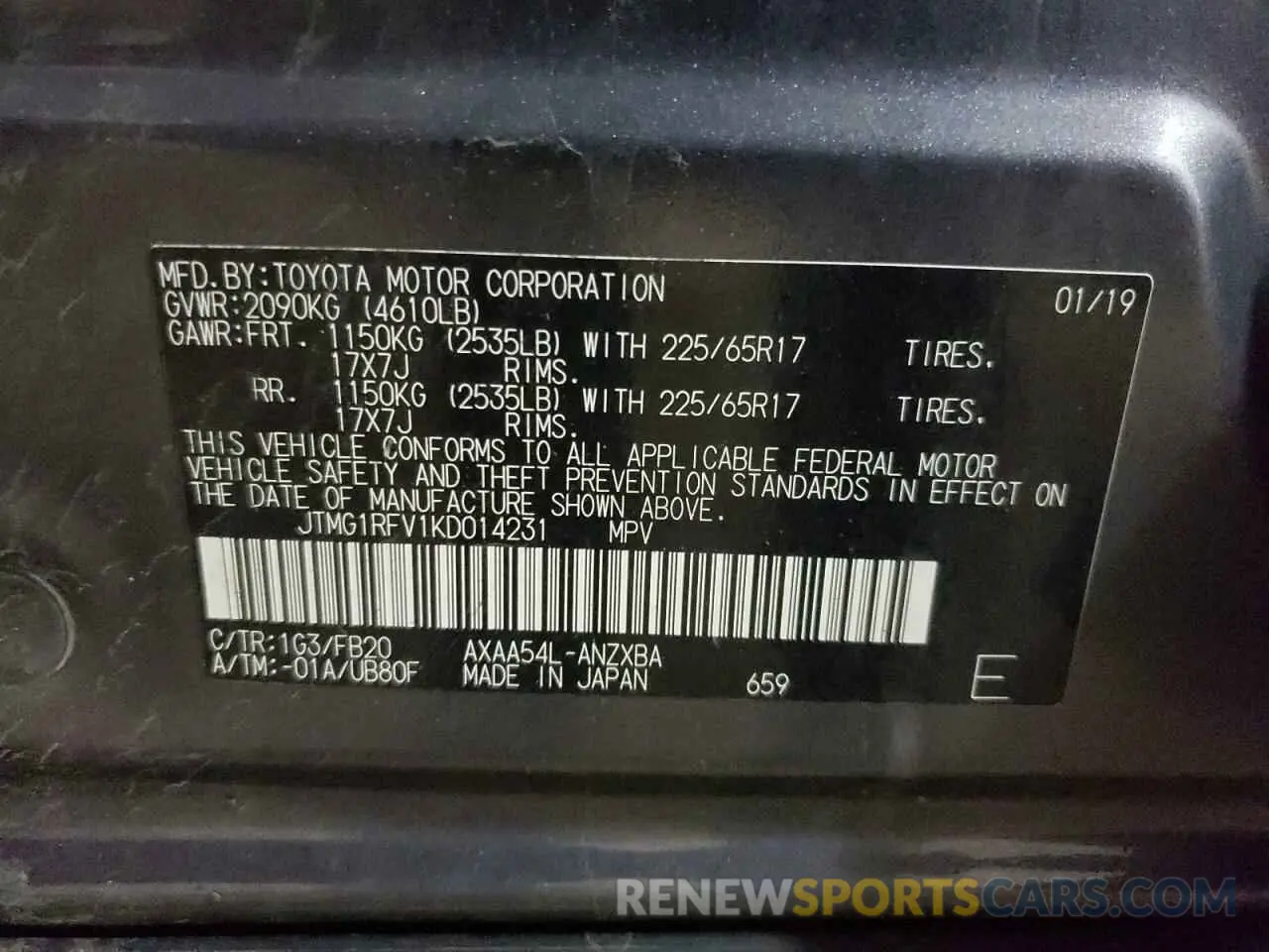 13 fotografías del automóvil dañado JTMG1RFV1KD014231 TOYOTA RAV4 2019