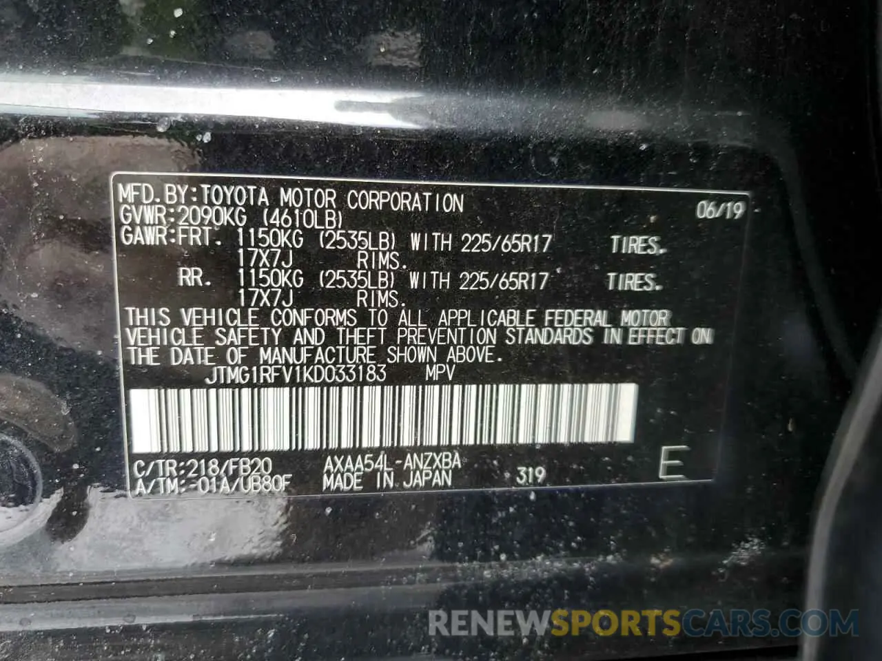 14 fotografías del automóvil dañado JTMG1RFV1KD033183 TOYOTA RAV4 2019