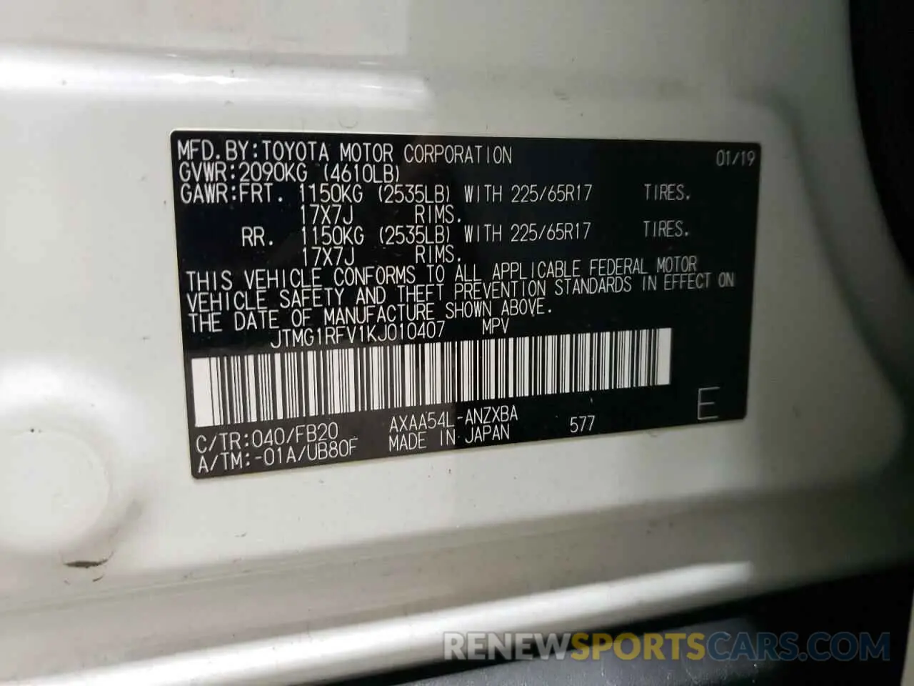 13 fotografías del automóvil dañado JTMG1RFV1KJ010407 TOYOTA RAV4 2019