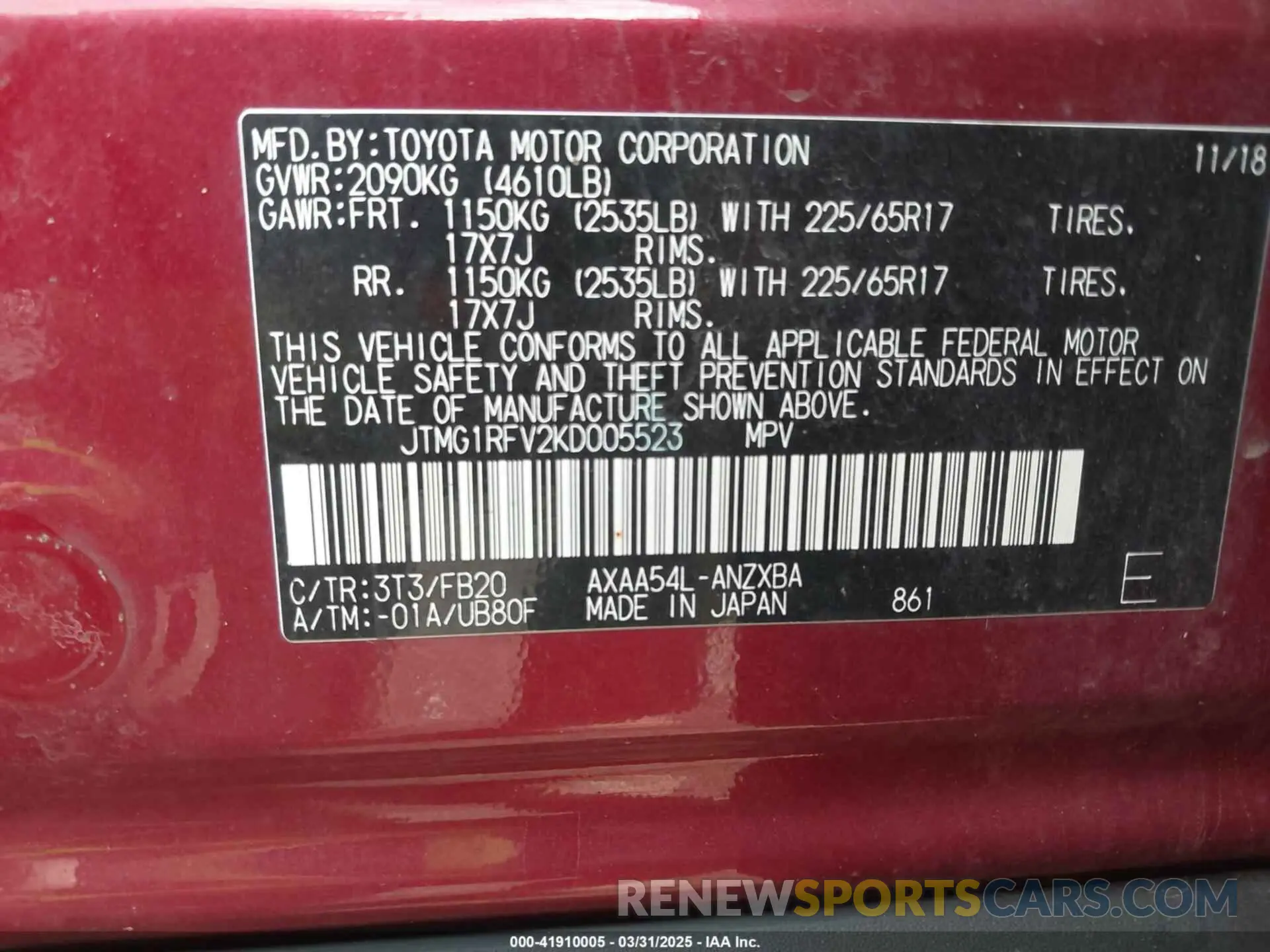 9 fotografías del automóvil dañado JTMG1RFV2KD005523 TOYOTA RAV4 2019