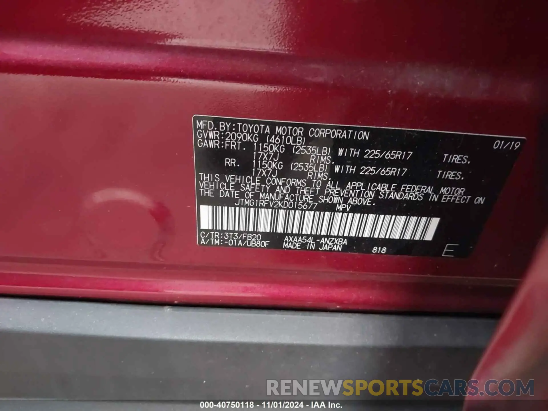 9 fotografías del automóvil dañado JTMG1RFV2KD015677 TOYOTA RAV4 2019