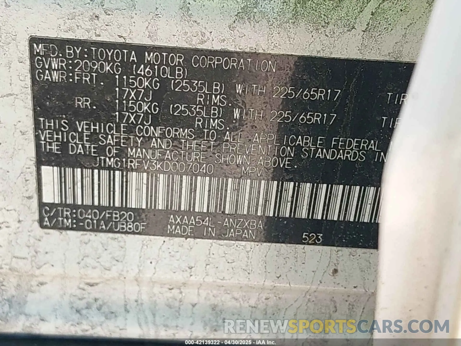 9 fotografías del automóvil dañado JTMG1RFV3KD007040 TOYOTA RAV4 2019
