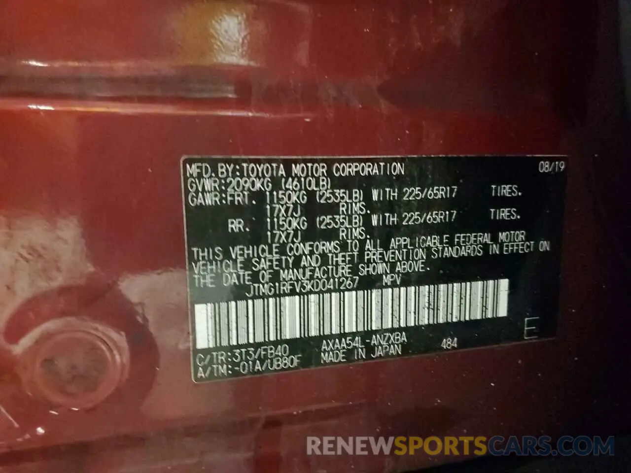 14 fotografías del automóvil dañado JTMG1RFV3KD041267 TOYOTA RAV4 2019
