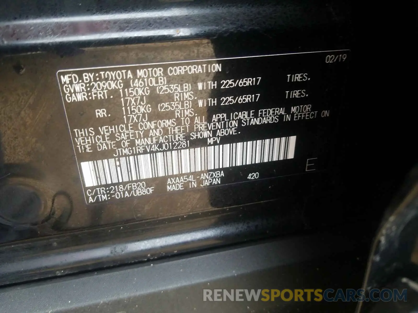 10 fotografías del automóvil dañado JTMG1RFV4KJ012281 TOYOTA RAV4 2019