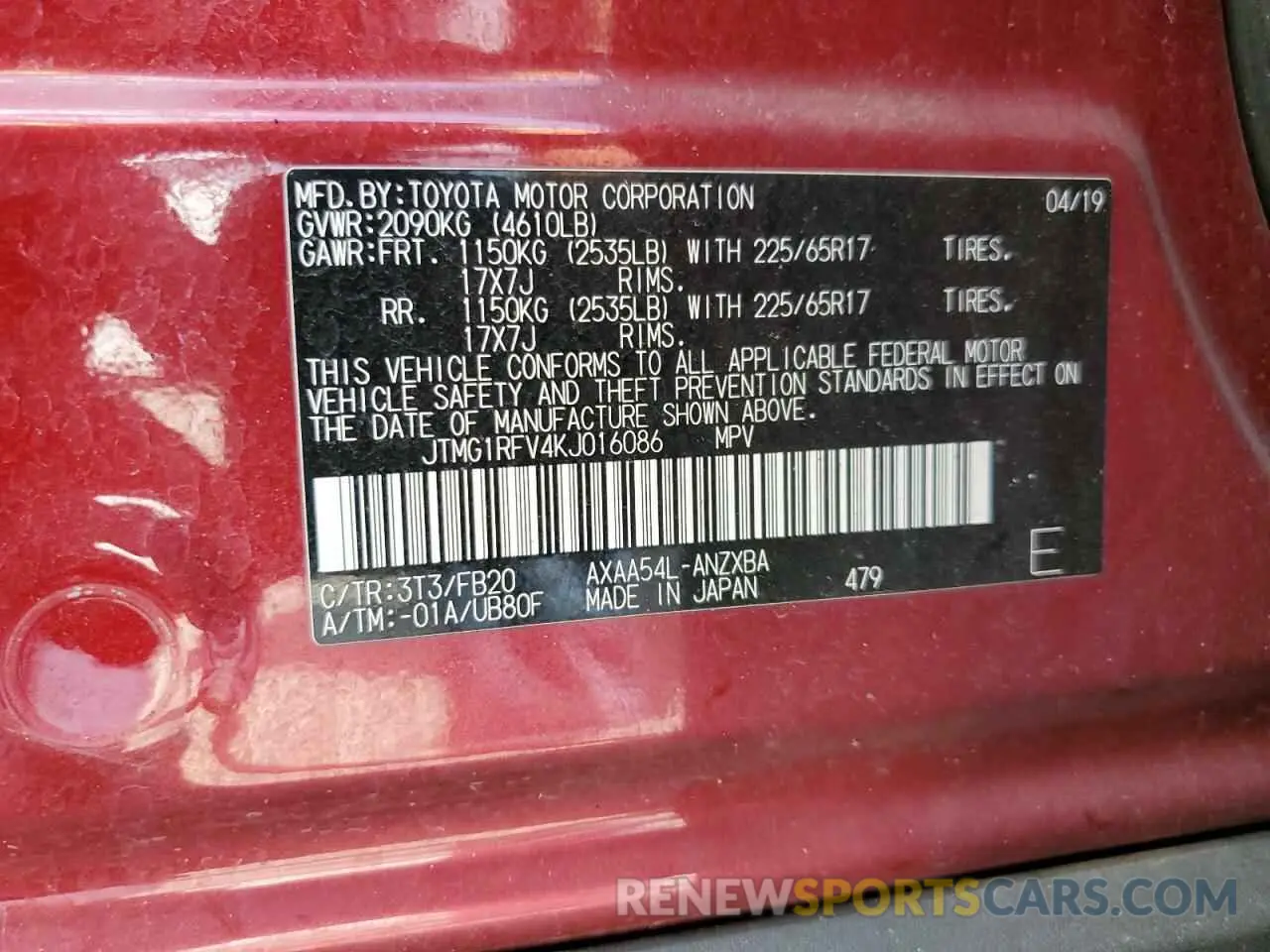 13 fotografías del automóvil dañado JTMG1RFV4KJ016086 TOYOTA RAV4 2019