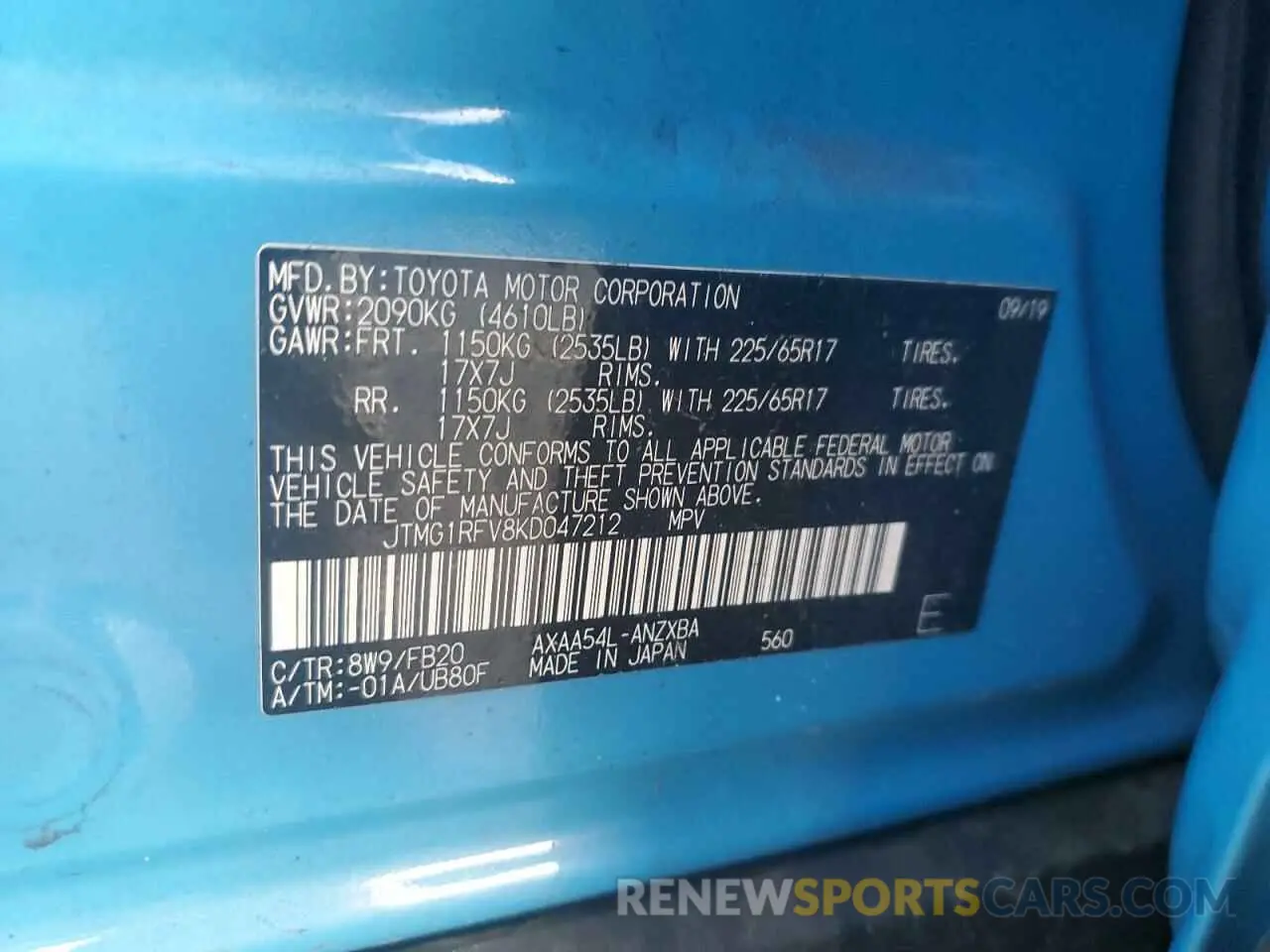 14 fotografías del automóvil dañado JTMG1RFV8KD047212 TOYOTA RAV4 2019