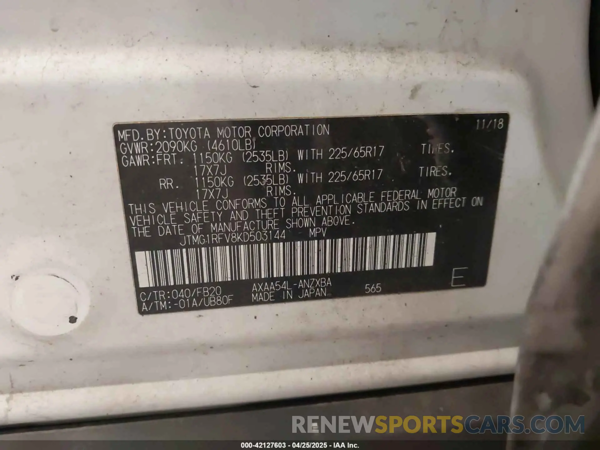 9 fotografías del automóvil dañado JTMG1RFV8KD503144 TOYOTA RAV4 2019