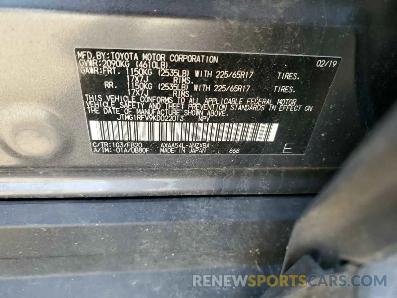 15 fotografías del automóvil dañado JTMG1RFV9KD022013 TOYOTA RAV4 2019