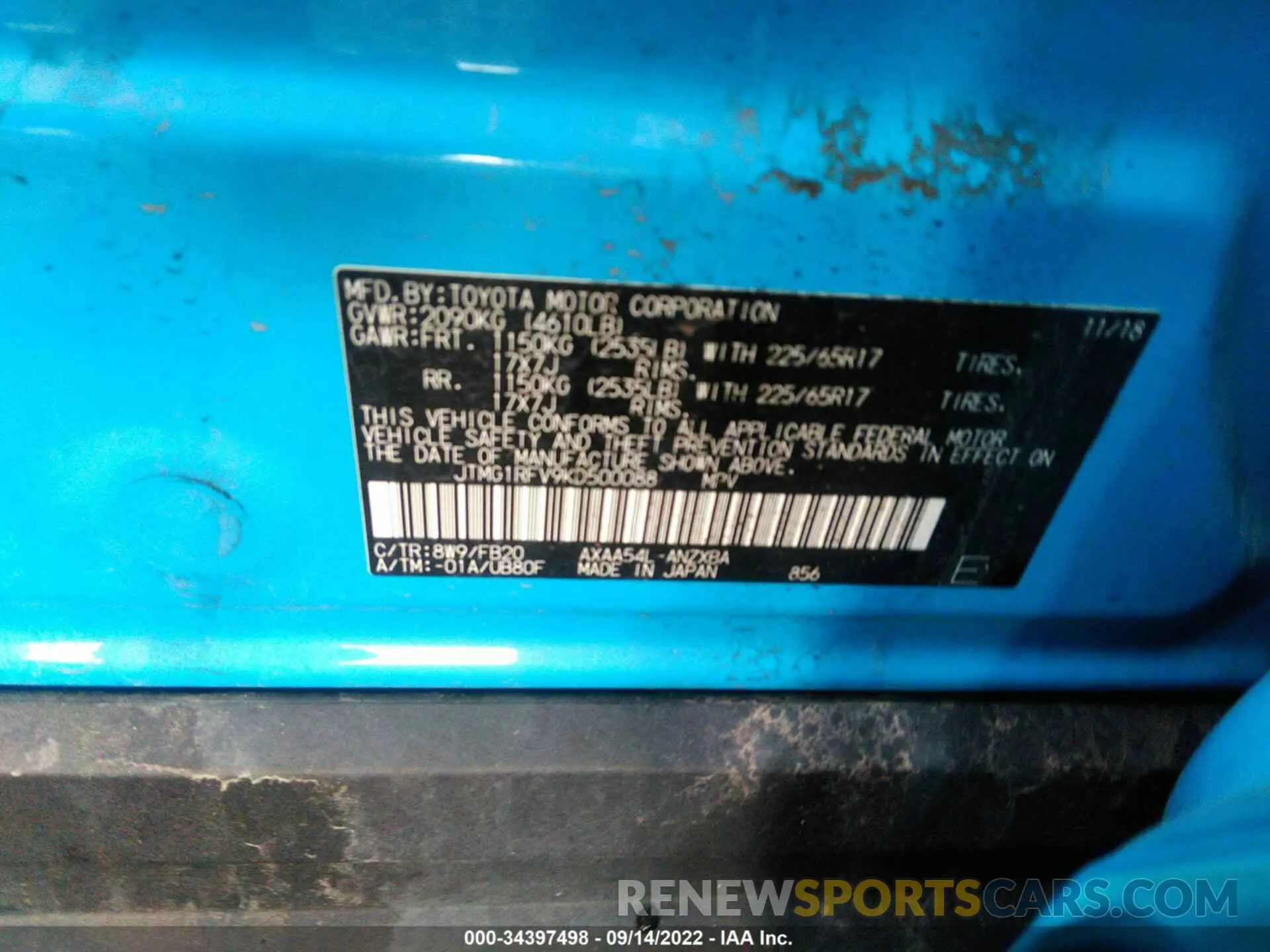 9 fotografías del automóvil dañado JTMG1RFV9KD500088 TOYOTA RAV4 2019