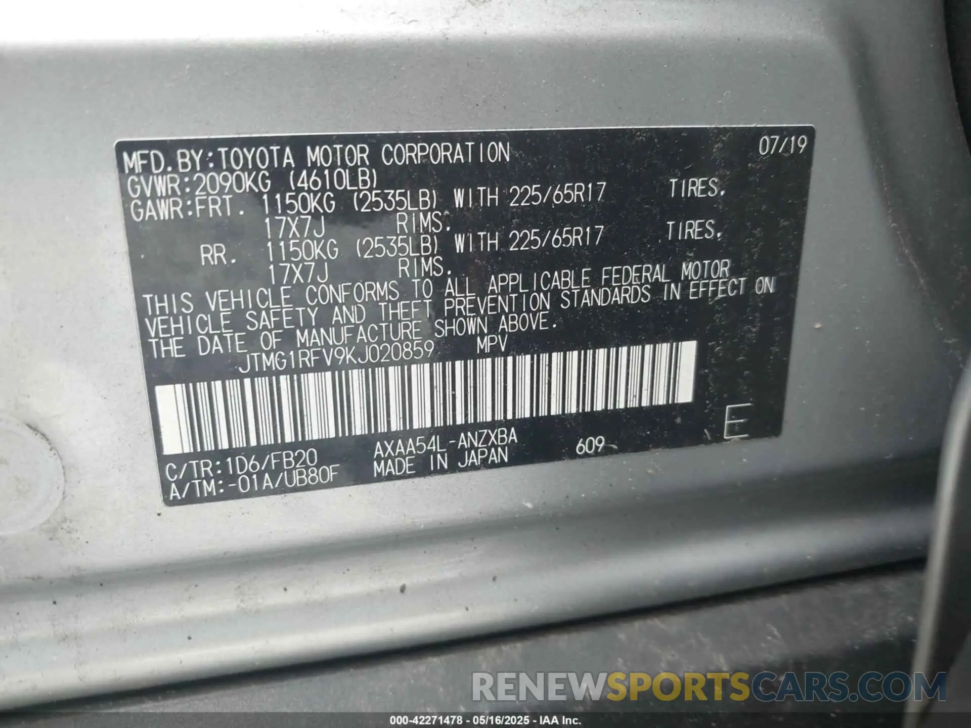 9 fotografías del automóvil dañado JTMG1RFV9KJ020859 TOYOTA RAV4 2019