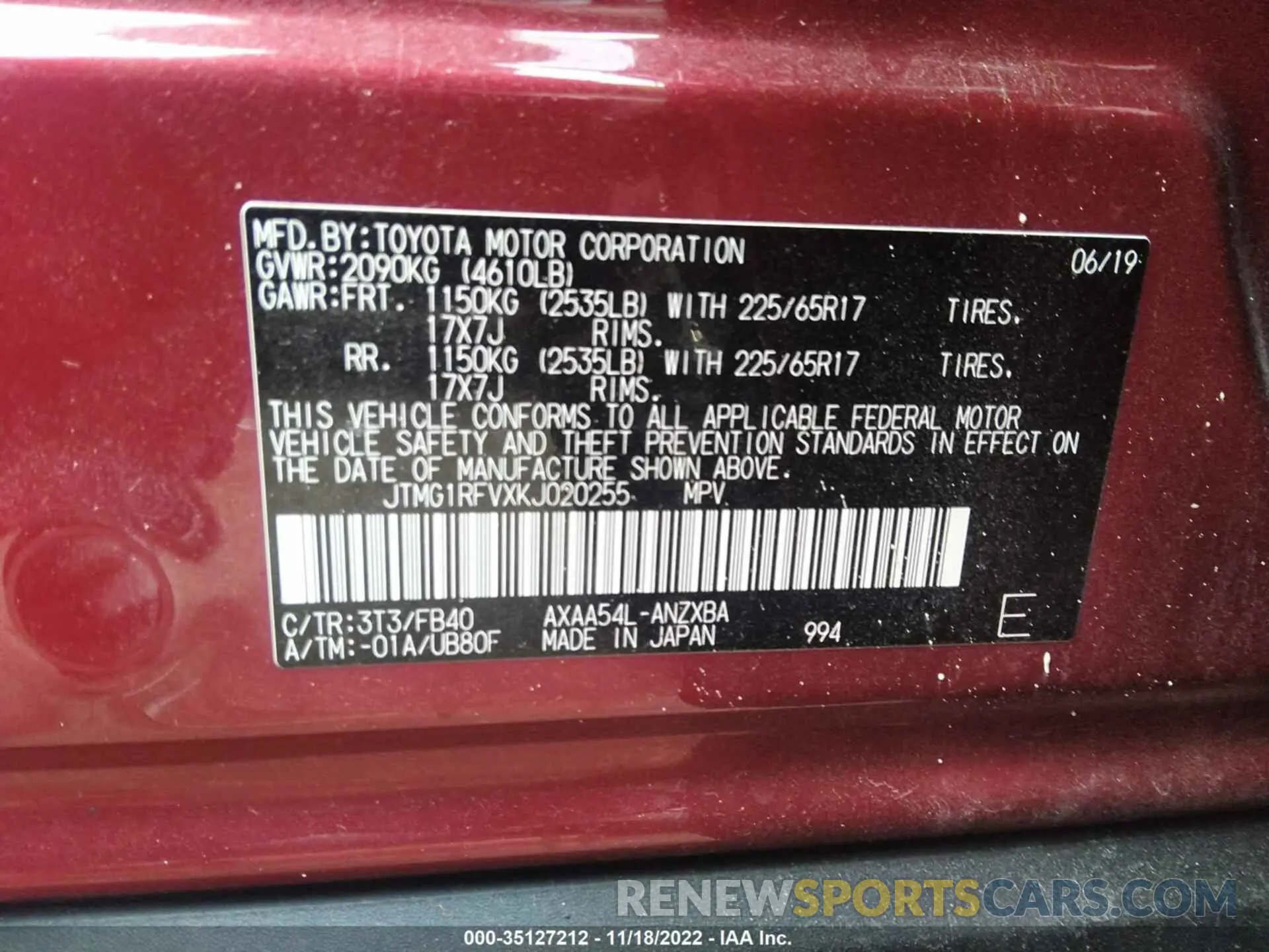 9 fotografías del automóvil dañado JTMG1RFVXKJ020255 TOYOTA RAV4 2019