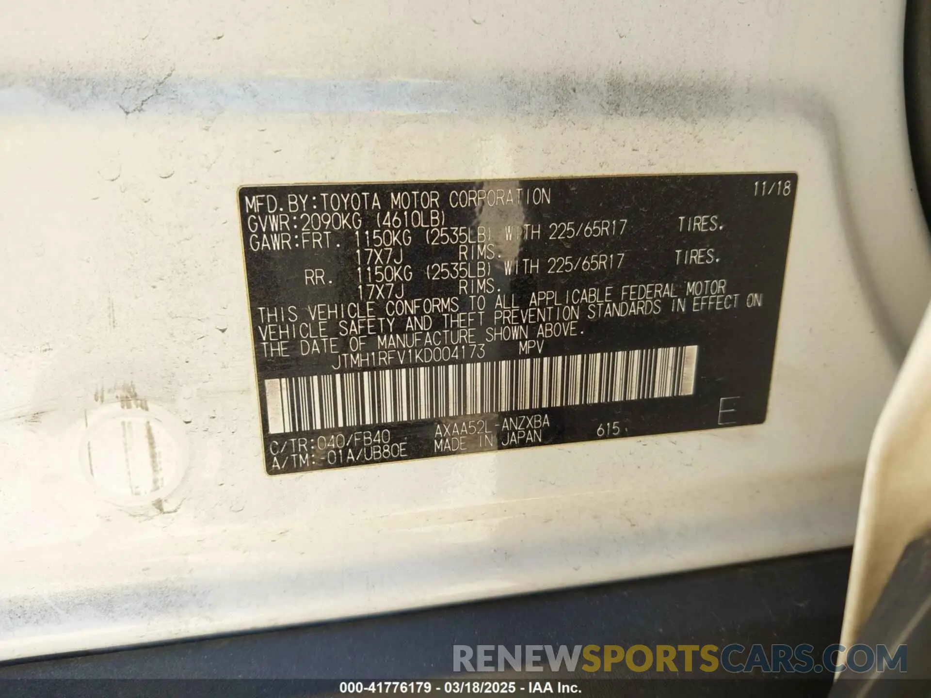 9 fotografías del automóvil dañado JTMH1RFV1KD004173 TOYOTA RAV4 2019