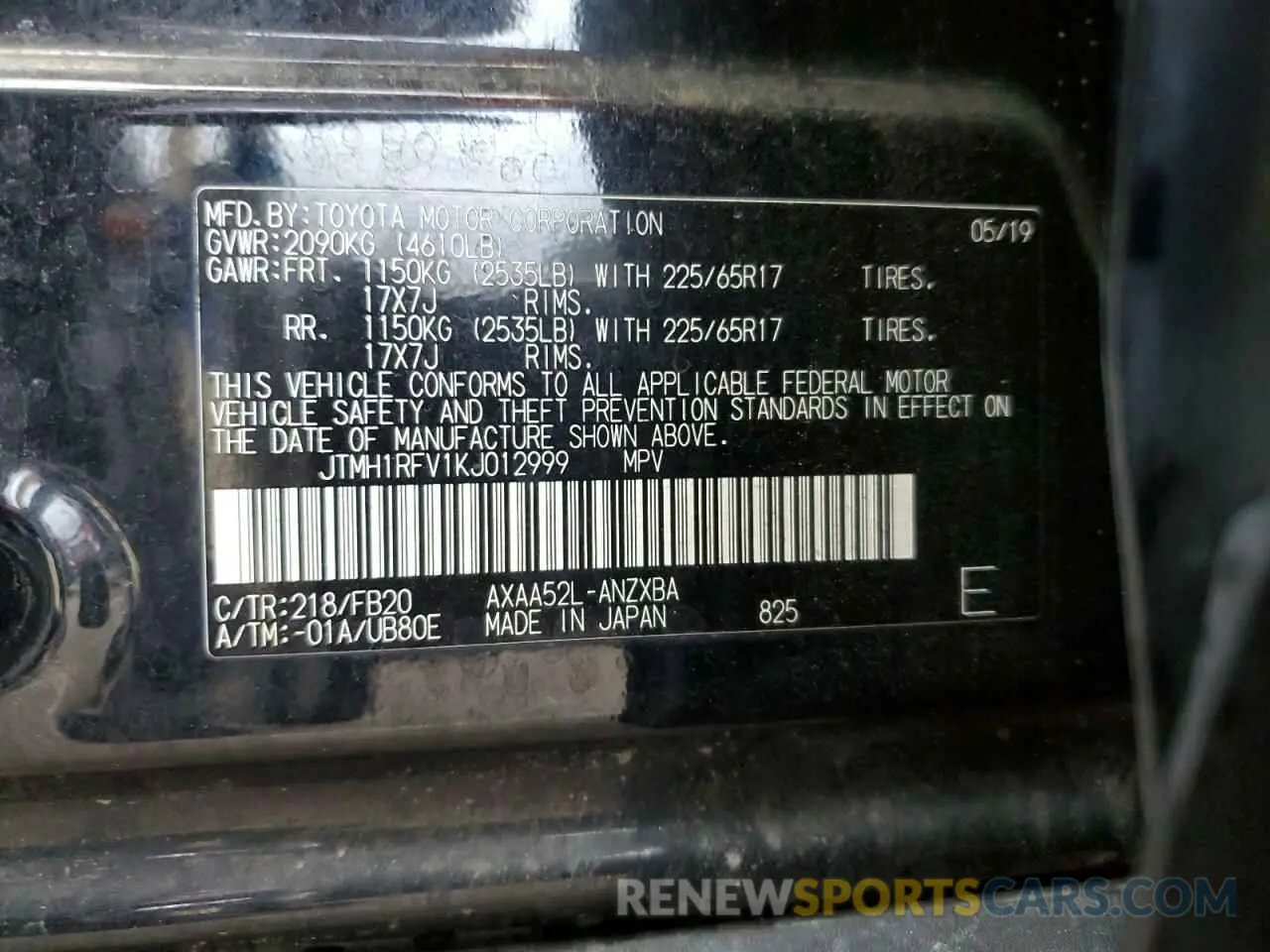 14 fotografías del automóvil dañado JTMH1RFV1KJ012999 TOYOTA RAV4 2019