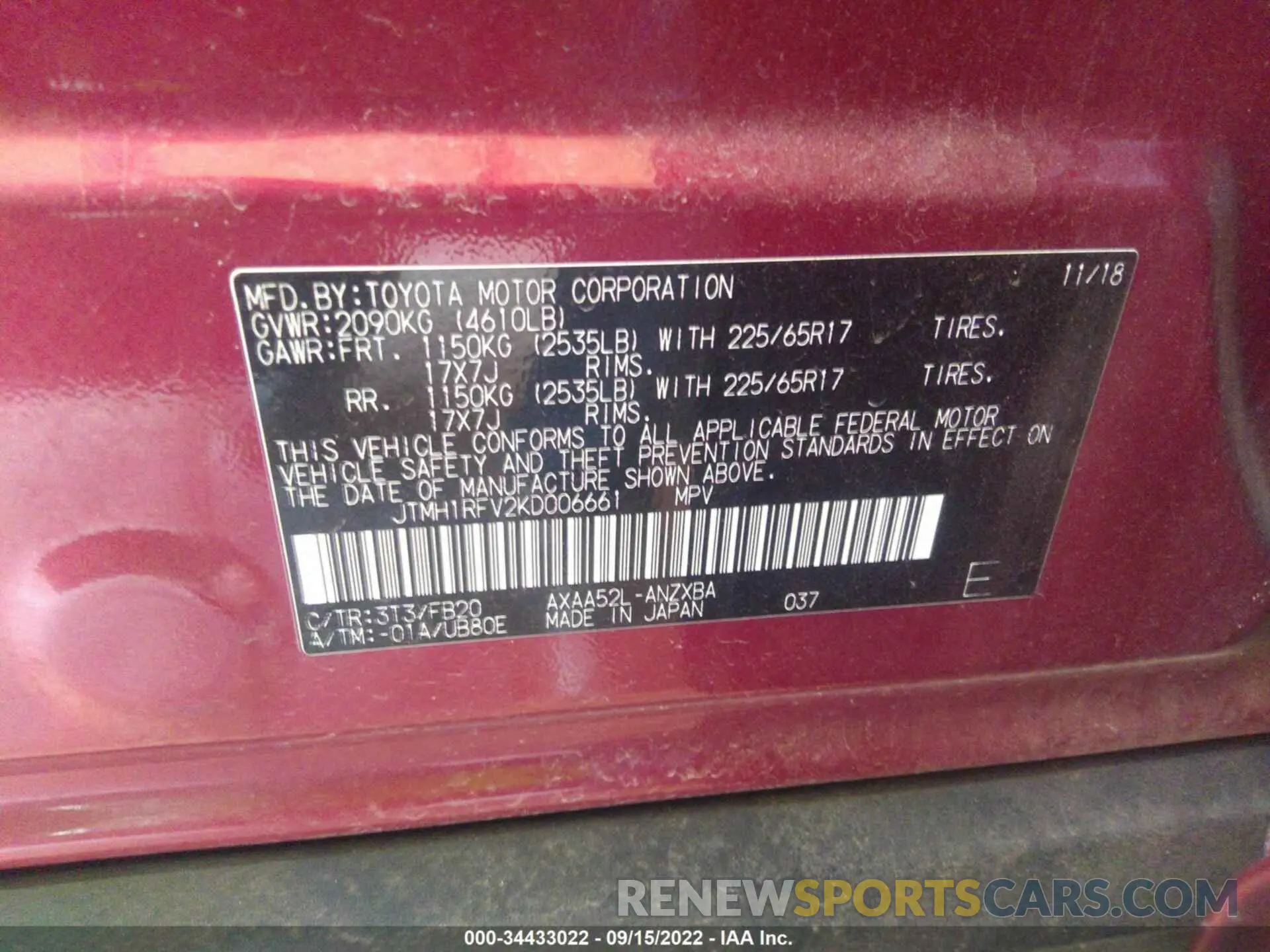 9 fotografías del automóvil dañado JTMH1RFV2KD006661 TOYOTA RAV4 2019