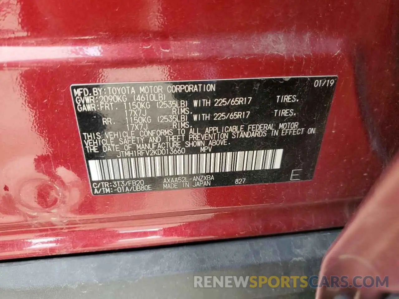 13 fotografías del automóvil dañado JTMH1RFV2KD013660 TOYOTA RAV4 2019