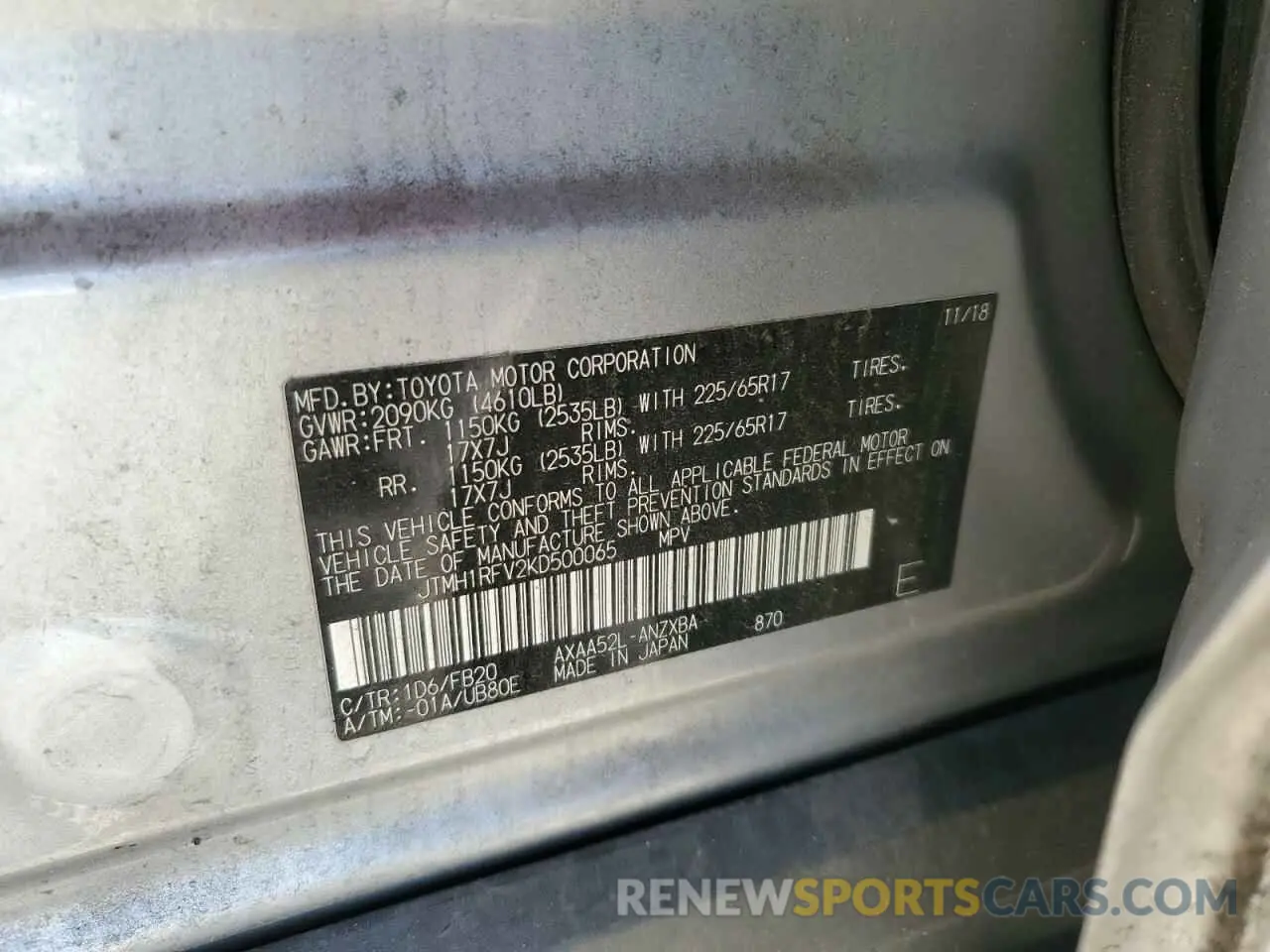 13 fotografías del automóvil dañado JTMH1RFV2KD500065 TOYOTA RAV4 2019