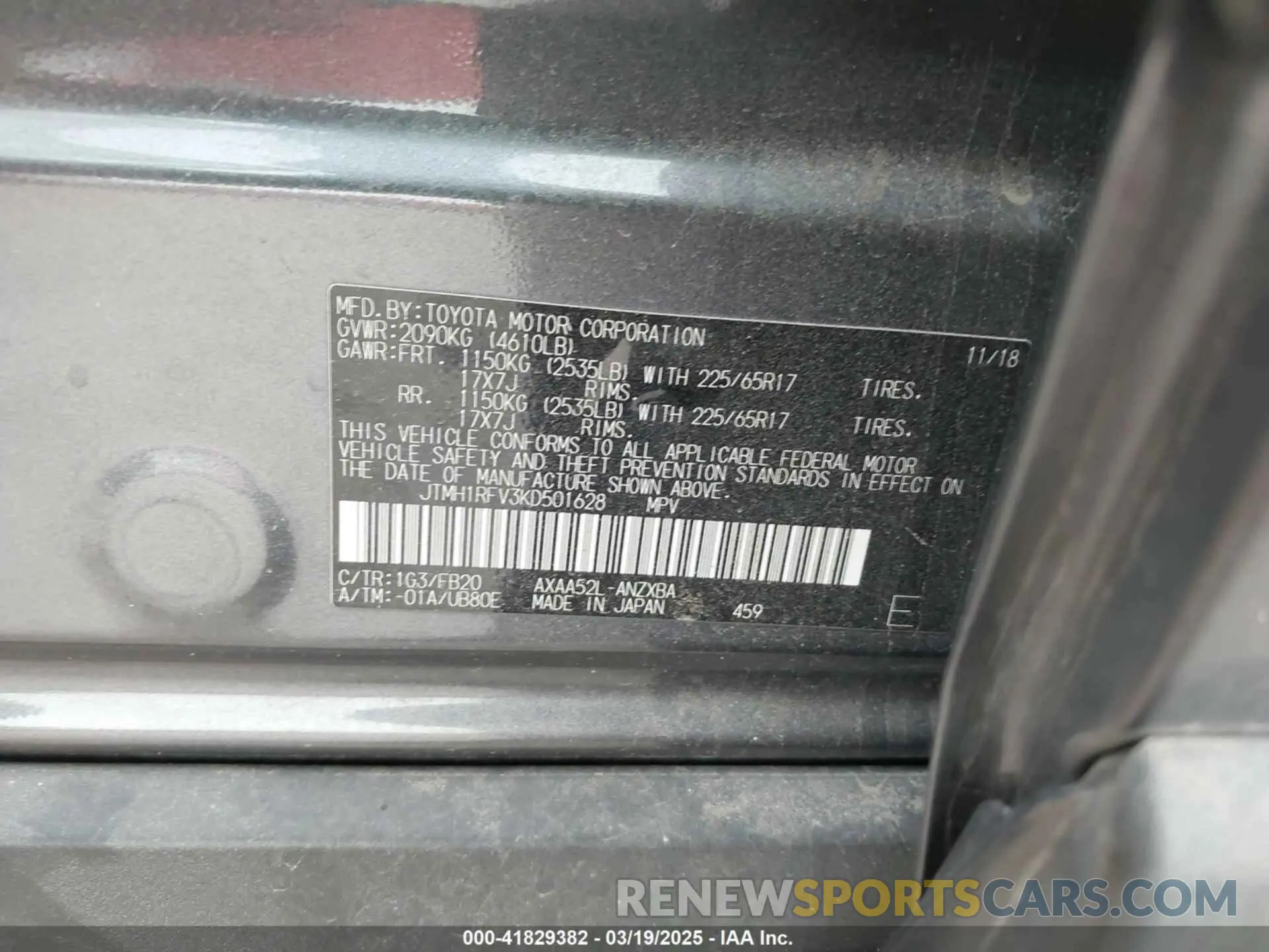 9 fotografías del automóvil dañado JTMH1RFV3KD501628 TOYOTA RAV4 2019