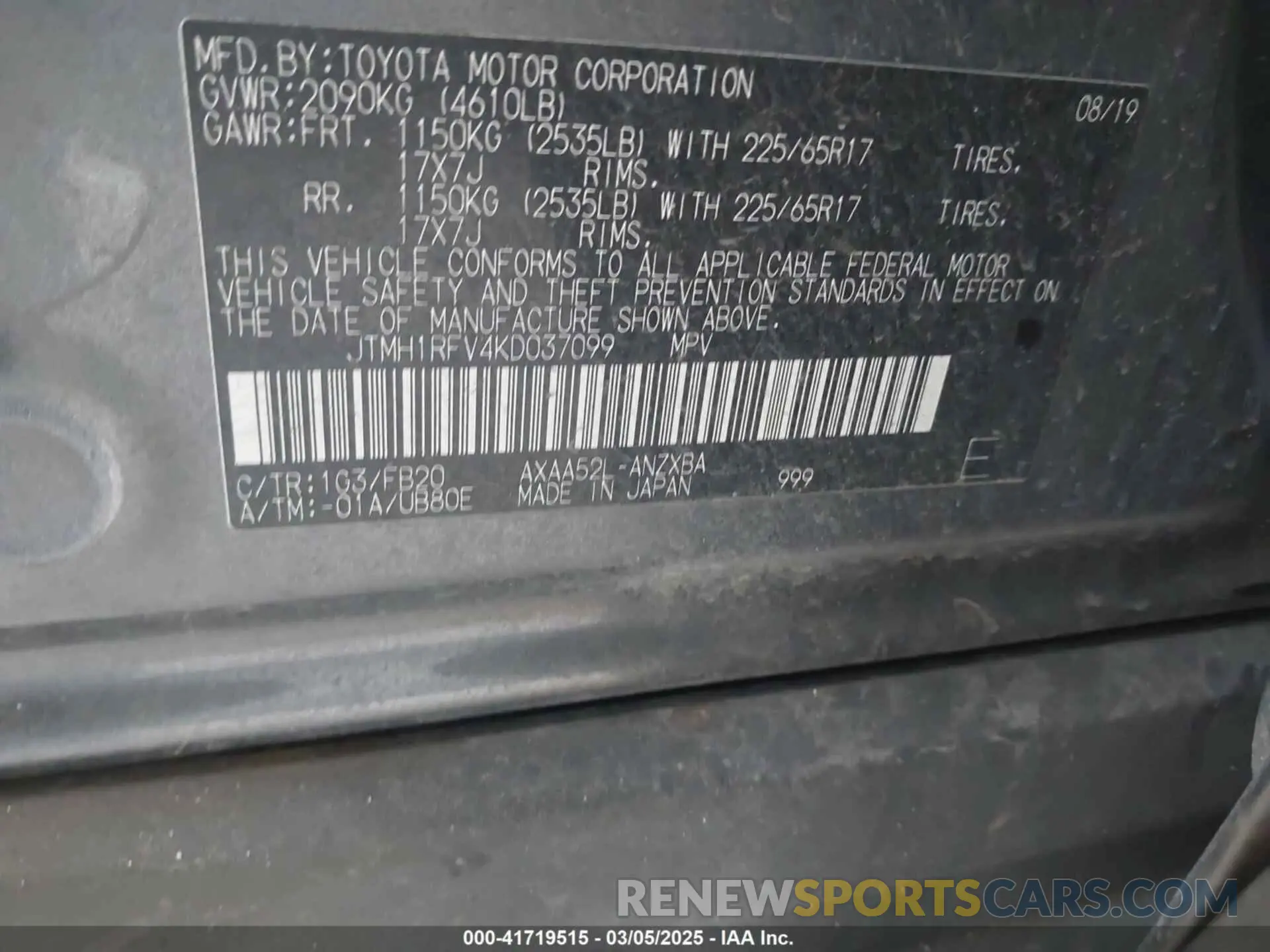 9 fotografías del automóvil dañado JTMH1RFV4KD037099 TOYOTA RAV4 2019