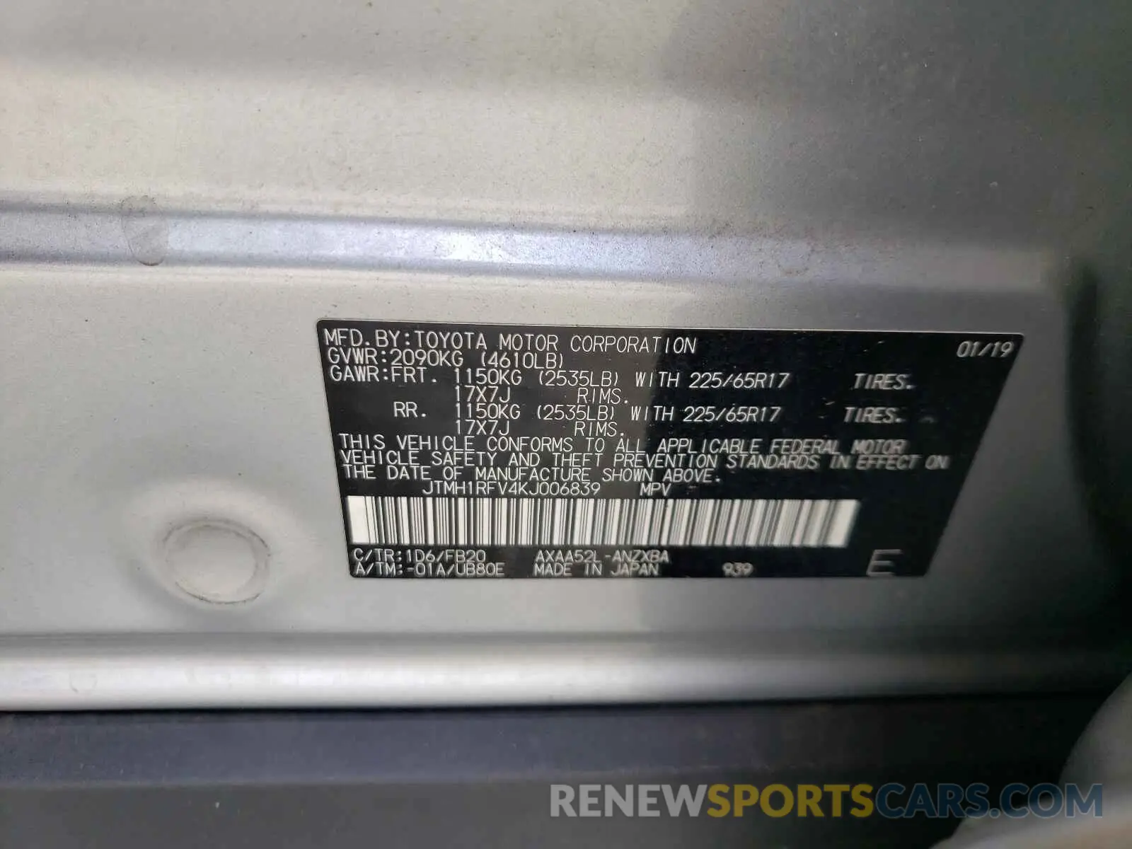 10 fotografías del automóvil dañado JTMH1RFV4KJ006839 TOYOTA RAV4 2019