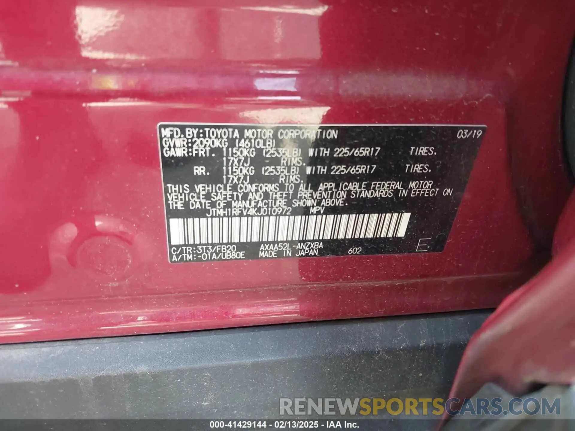 9 fotografías del automóvil dañado JTMH1RFV4KJ010972 TOYOTA RAV4 2019