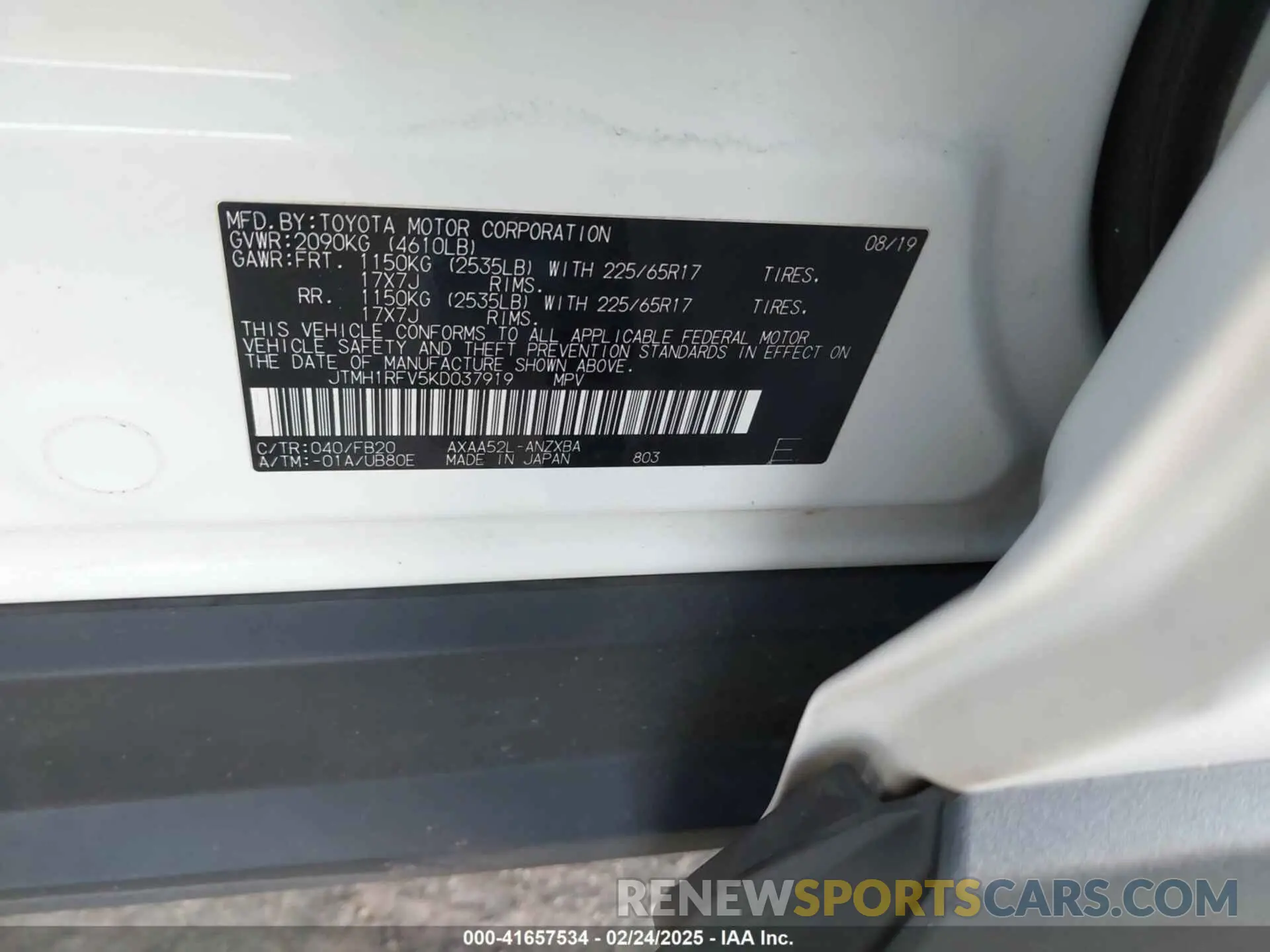 9 fotografías del automóvil dañado JTMH1RFV5KD037919 TOYOTA RAV4 2019