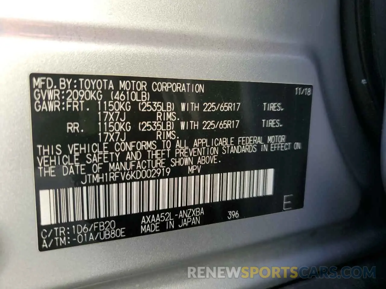 13 fotografías del automóvil dañado JTMH1RFV6KD002919 TOYOTA RAV4 2019