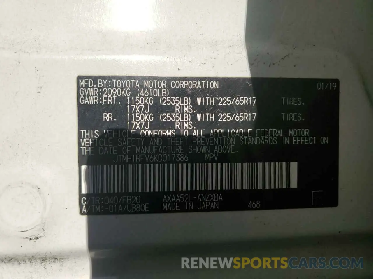 13 fotografías del automóvil dañado JTMH1RFV6KD017386 TOYOTA RAV4 2019