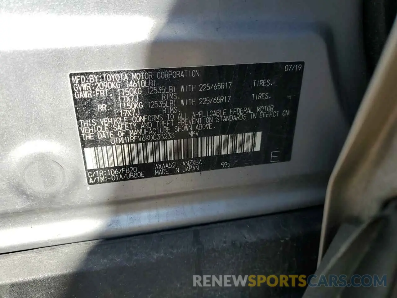13 fotografías del automóvil dañado JTMH1RFV6KD033233 TOYOTA RAV4 2019