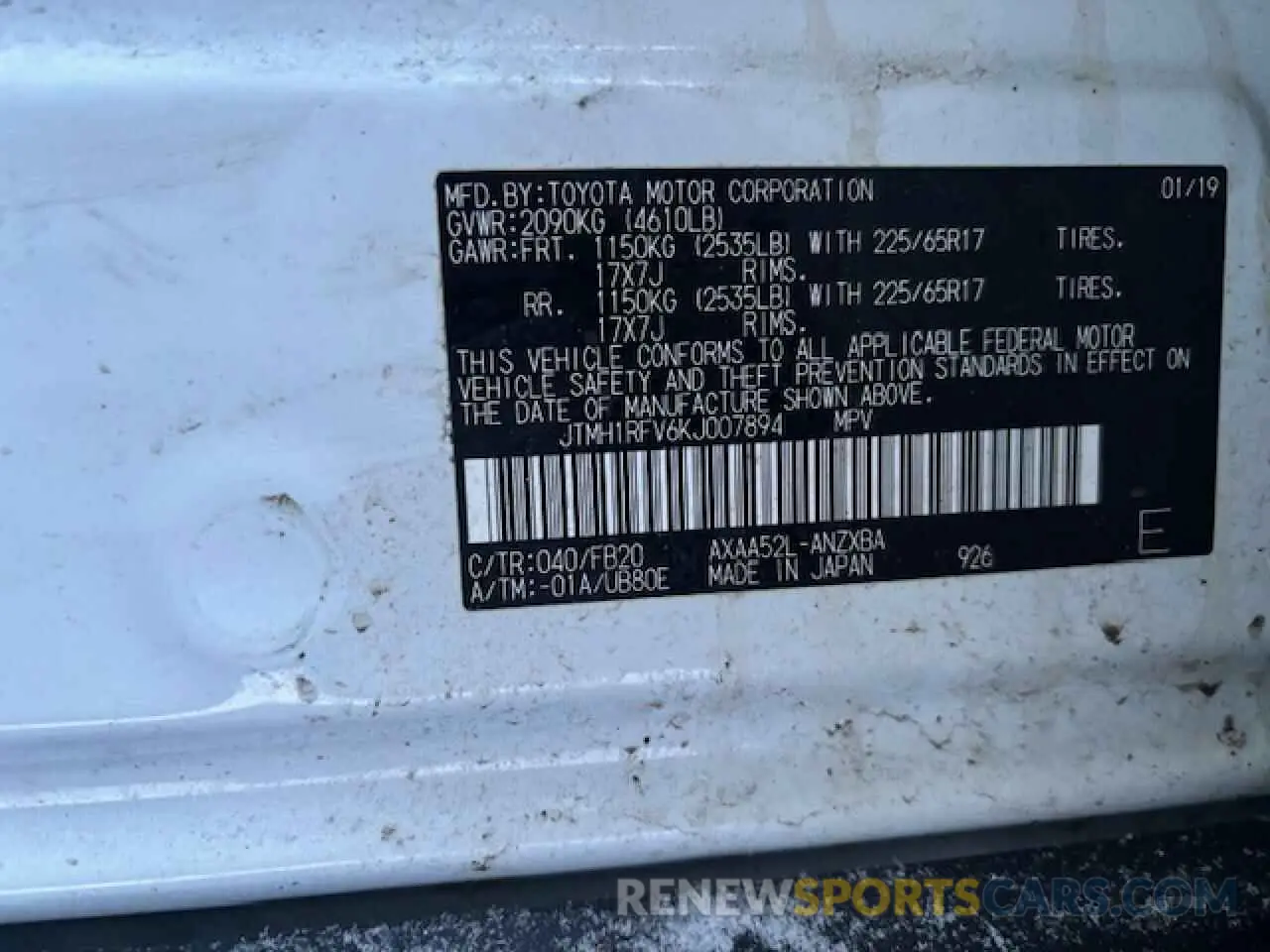 8 fotografías del automóvil dañado JTMH1RFV6KJ007894 TOYOTA RAV4 2019
