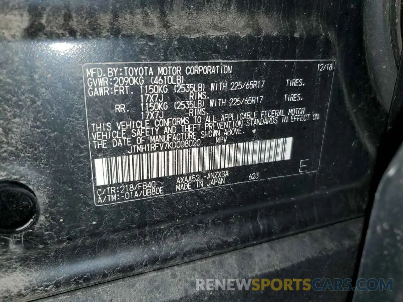 13 fotografías del automóvil dañado JTMH1RFV7KD008020 TOYOTA RAV4 2019