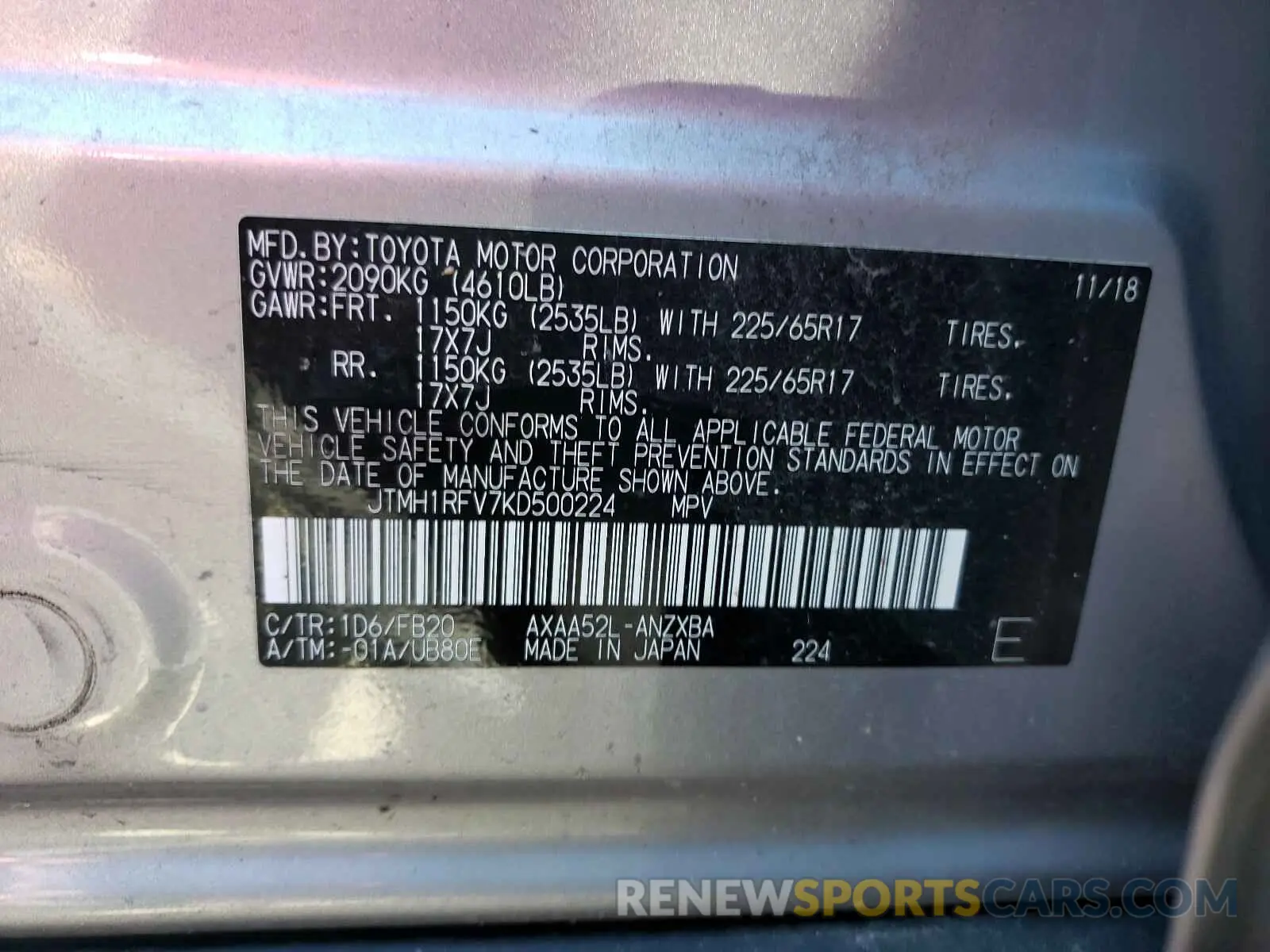 10 fotografías del automóvil dañado JTMH1RFV7KD500224 TOYOTA RAV4 2019