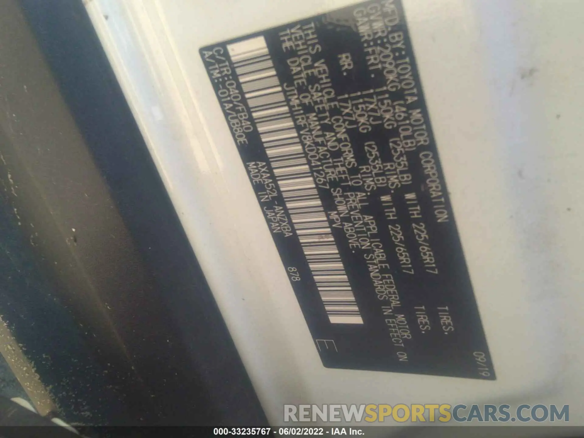 9 fotografías del automóvil dañado JTMH1RFV8KD041267 TOYOTA RAV4 2019