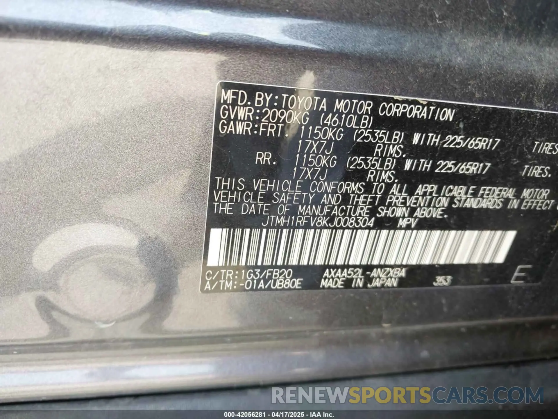 9 fotografías del automóvil dañado JTMH1RFV8KJ008304 TOYOTA RAV4 2019