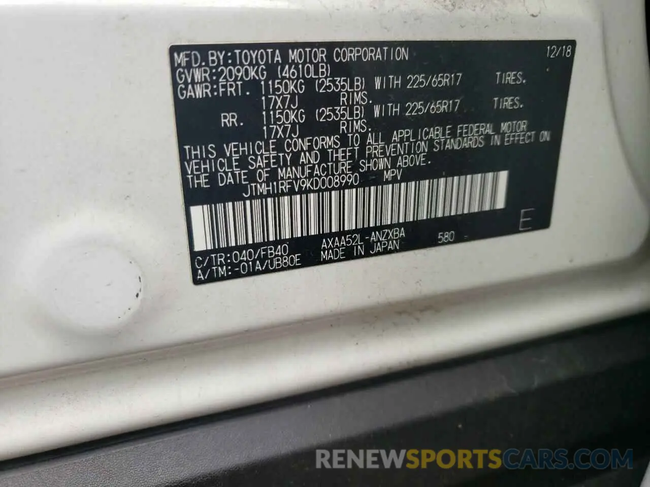 10 fotografías del automóvil dañado JTMH1RFV9KD008990 TOYOTA RAV4 2019