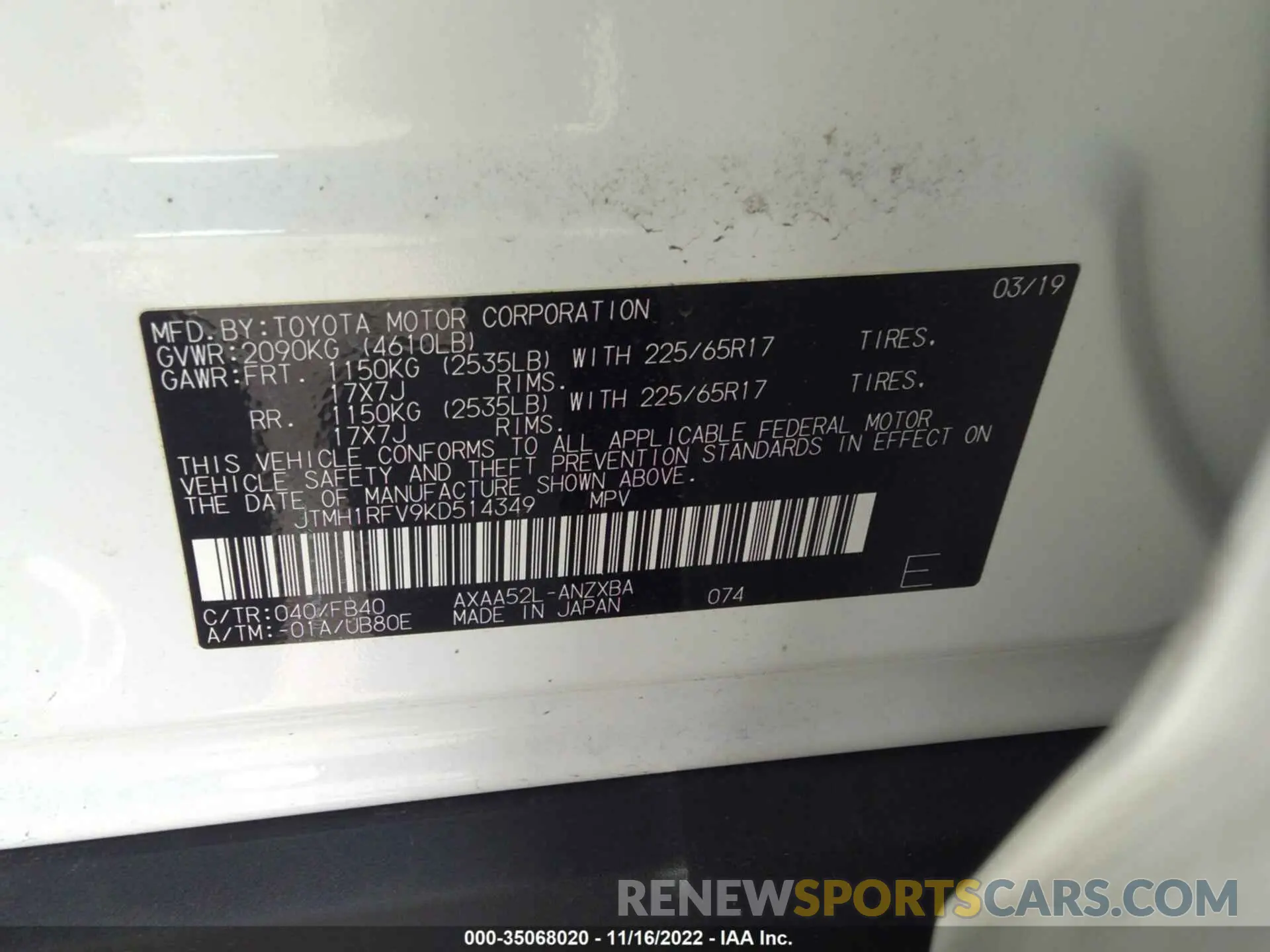9 fotografías del automóvil dañado JTMH1RFV9KD514349 TOYOTA RAV4 2019
