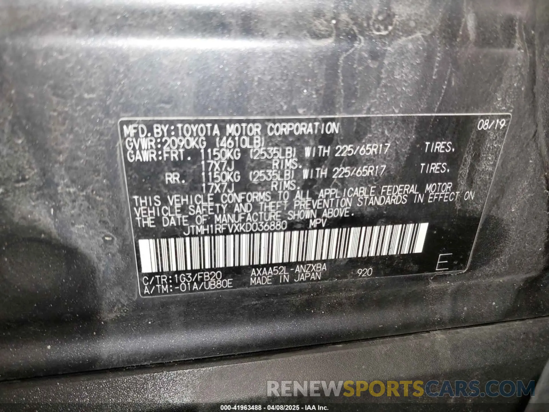 9 fotografías del automóvil dañado JTMH1RFVXKD036880 TOYOTA RAV4 2019