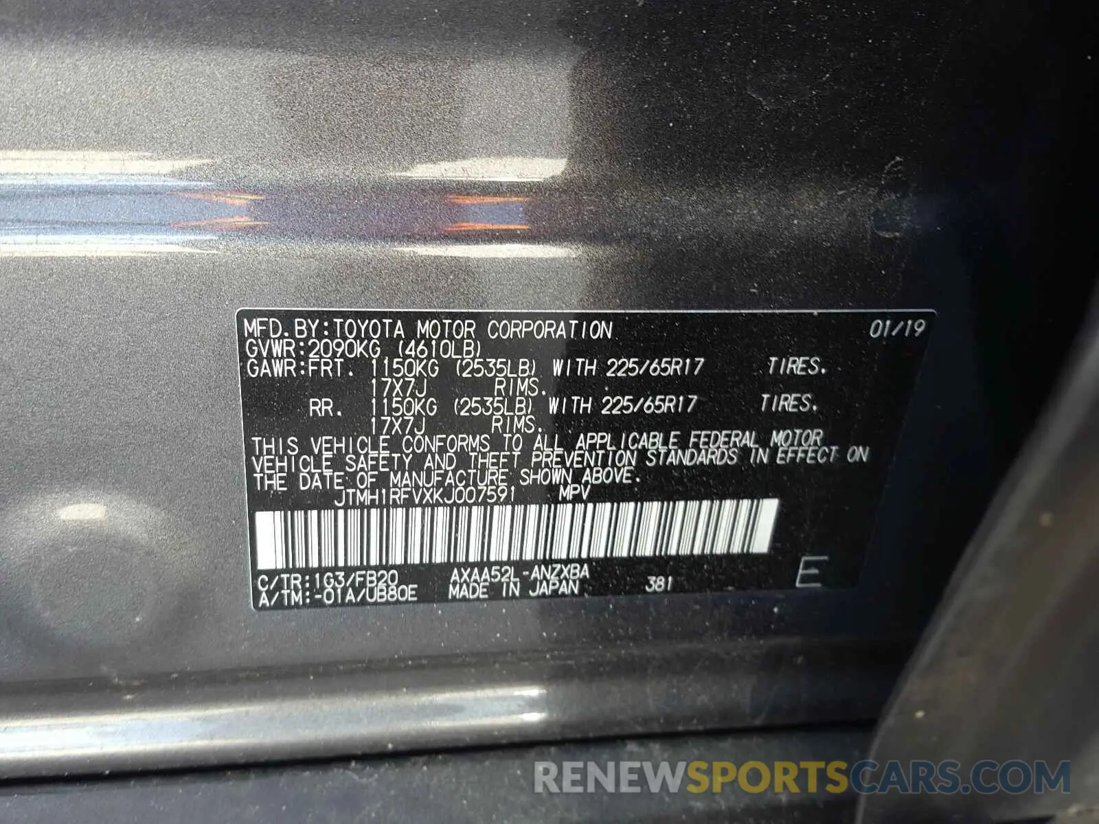 10 fotografías del automóvil dañado JTMH1RFVXKJ007591 TOYOTA RAV4 2019