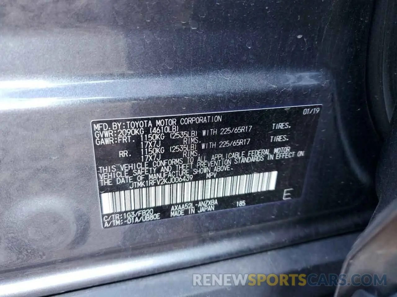 12 fotografías del automóvil dañado JTMK1RFV2KJ006439 TOYOTA RAV4 2019
