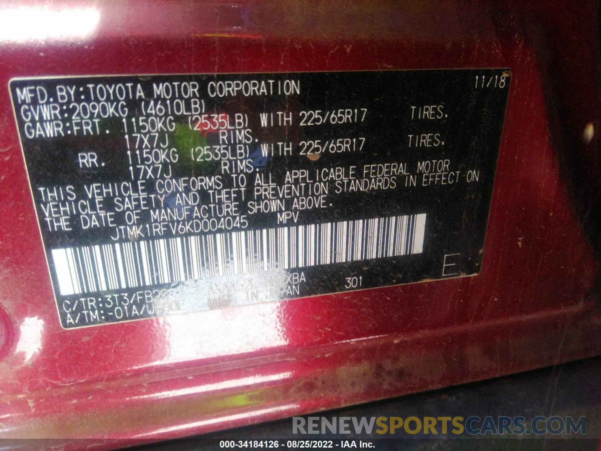 9 fotografías del automóvil dañado JTMK1RFV6KD004045 TOYOTA RAV4 2019