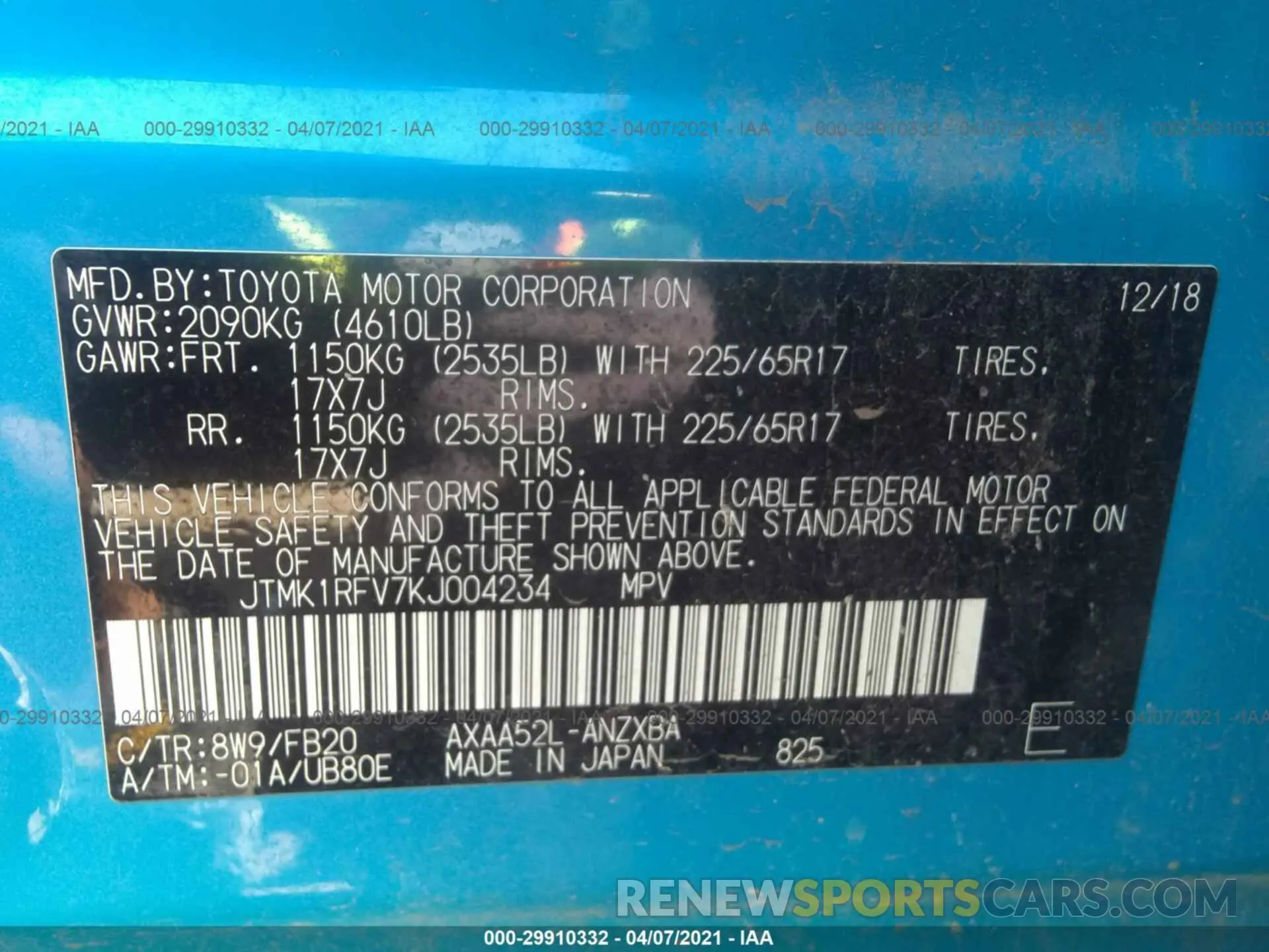 9 fotografías del automóvil dañado JTMK1RFV7KJ004234 TOYOTA RAV4 2019