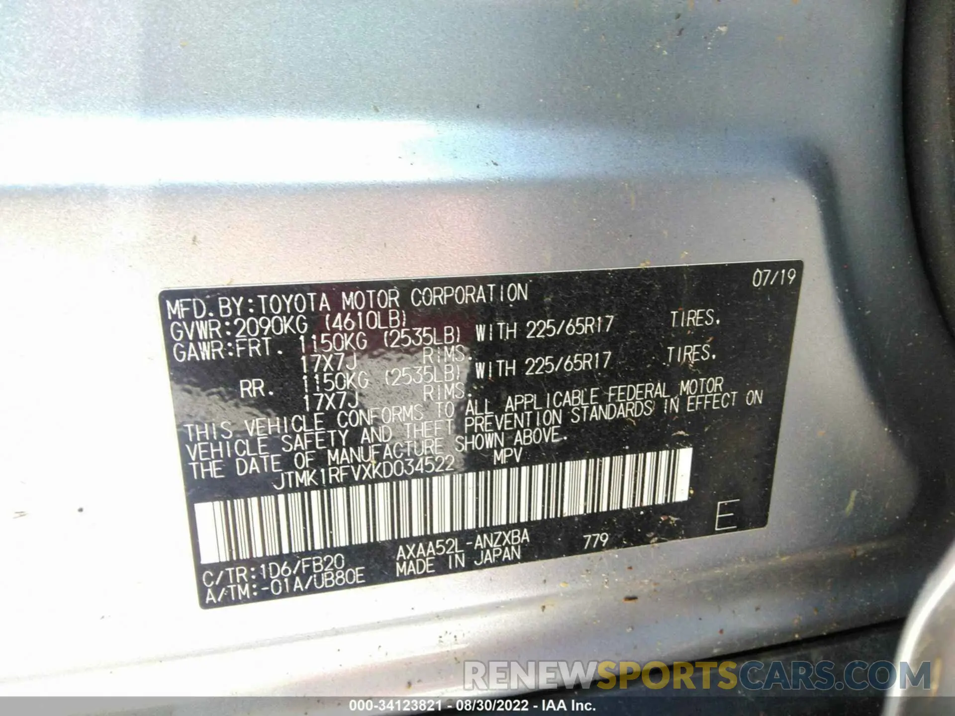 9 fotografías del automóvil dañado JTMK1RFVXKD034522 TOYOTA RAV4 2019