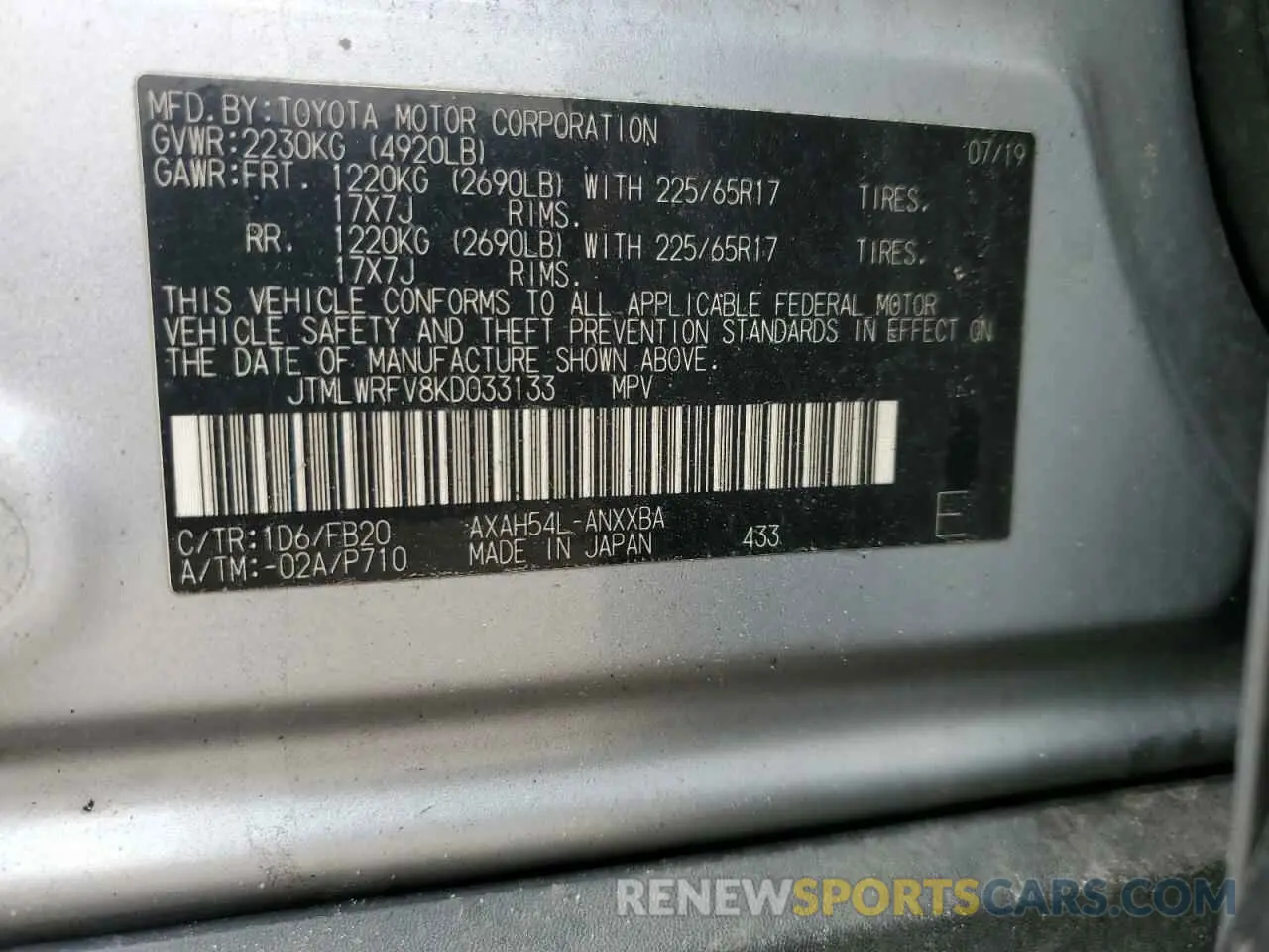 12 fotografías del automóvil dañado JTMLWRFV8KD033133 TOYOTA RAV4 2019