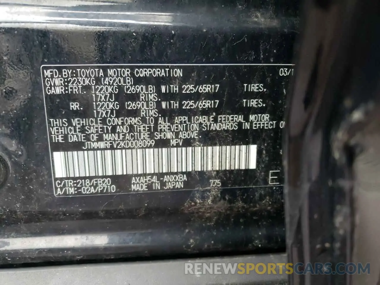 10 fotografías del automóvil dañado JTMMWRFV2KD008099 TOYOTA RAV4 2019