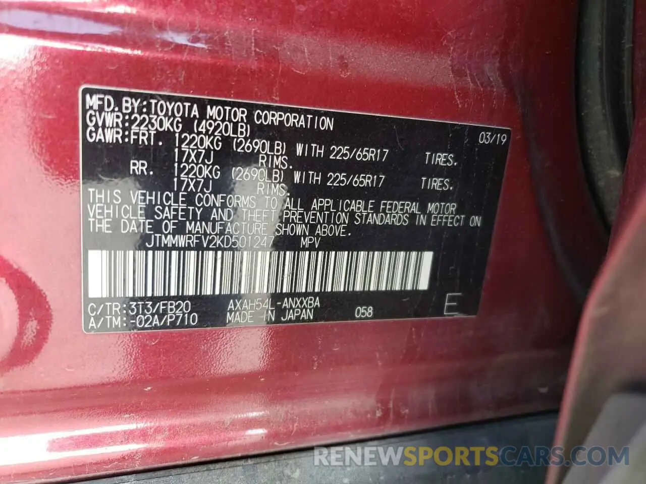 12 fotografías del automóvil dañado JTMMWRFV2KD501247 TOYOTA RAV4 2019