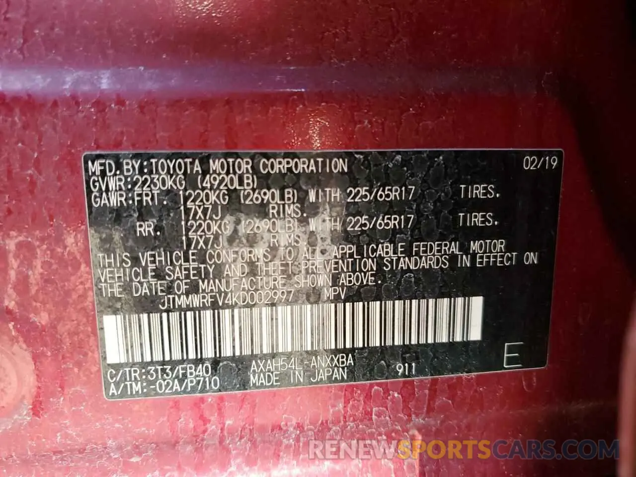 13 fotografías del automóvil dañado JTMMWRFV4KD002997 TOYOTA RAV4 2019