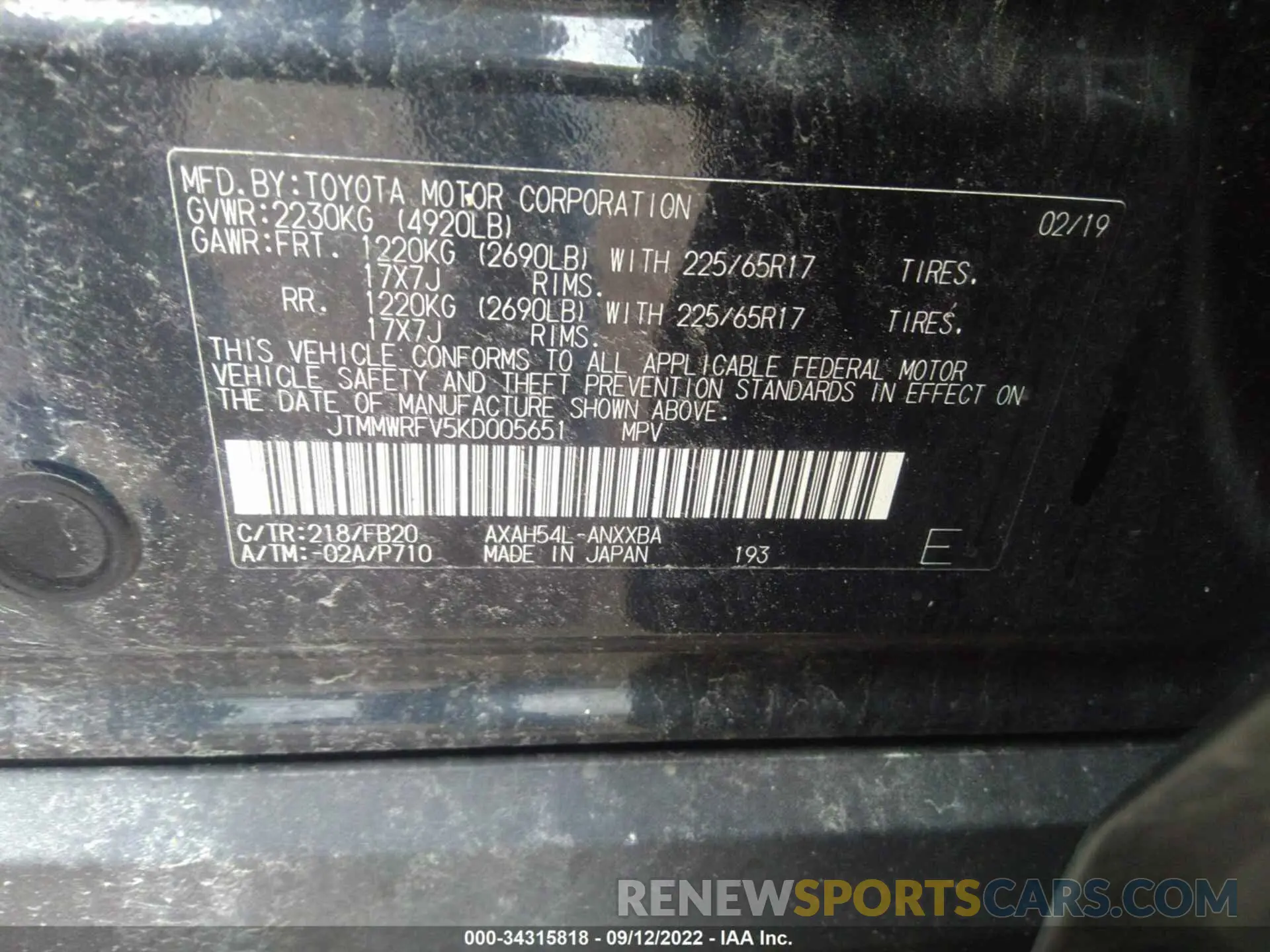 9 fotografías del automóvil dañado JTMMWRFV5KD005651 TOYOTA RAV4 2019